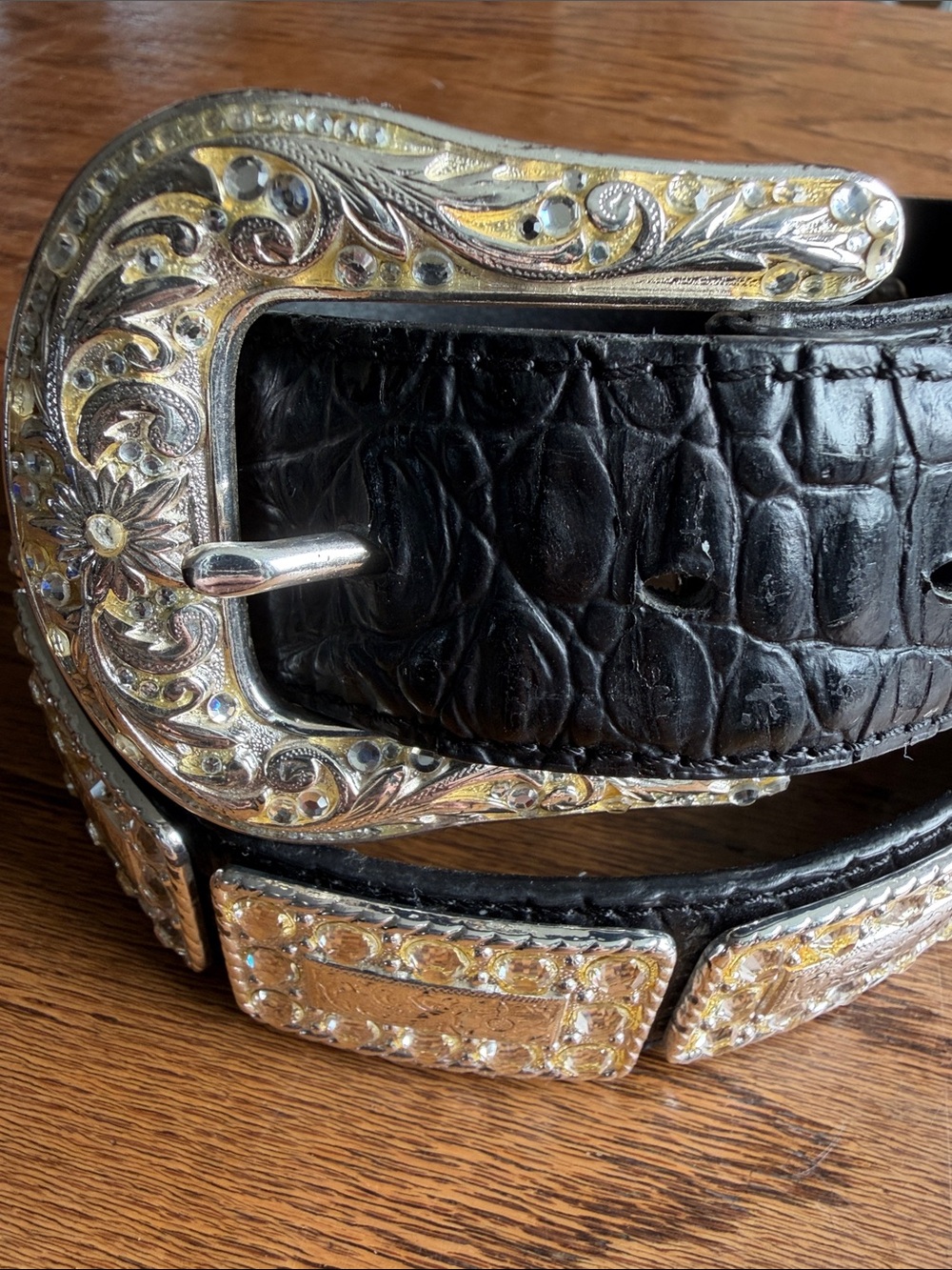 Nocona Black Crocodile-Embossed Leather Belt with Silver toned Western Buckle - Picture 2 of 5